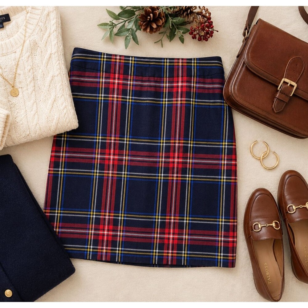 Talbots Plaid Knee Length Skirt Womens 12 Navy Red Tartan Wool Blend Lined